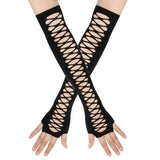 Mid-length Ripped Gloves Hollow Cross Mesh - Nioor