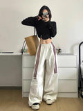 Retro Three Bars Casual Sports Pants Female Wide Leg Sweatpants - Nioor