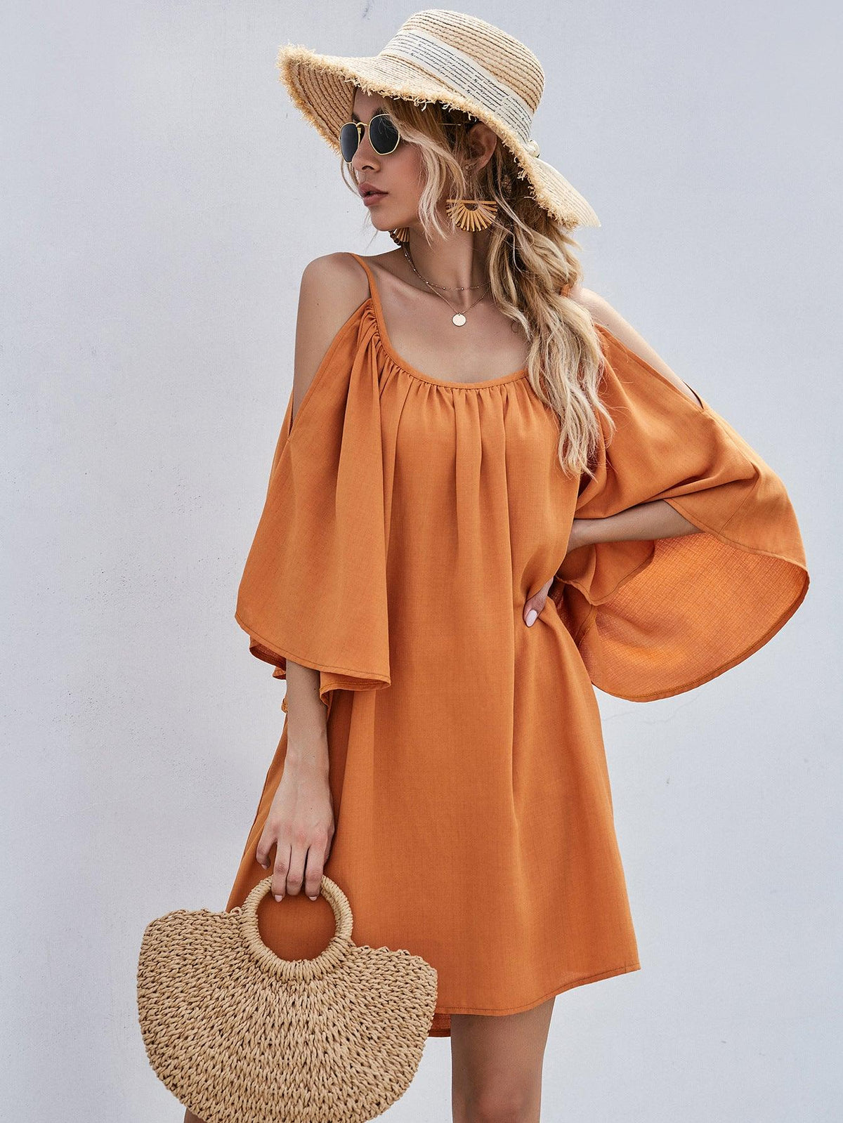 Casual Bell Sleeve Off-shoulder Dress - Nioor