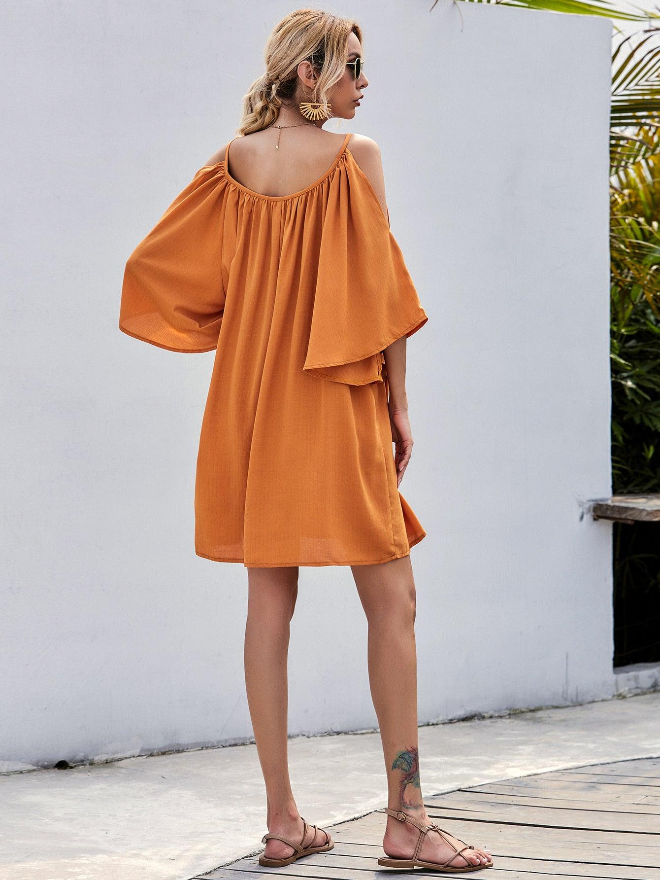 Casual Bell Sleeve Off-shoulder Dress - Nioor