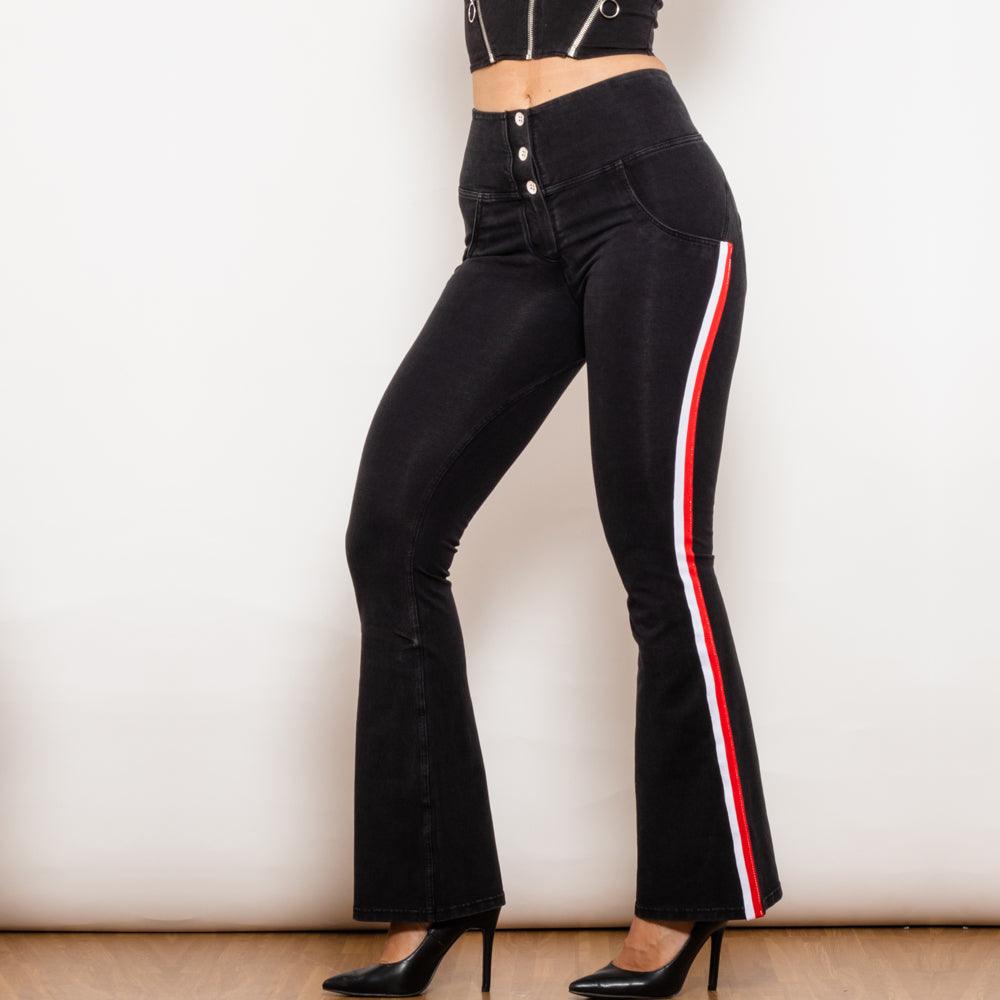 Shascullfites Melody Black Striped Flared Lift Jeggings Button Up Jeans Shaping Jeans Women High Waist Flare Jeans - Nioor