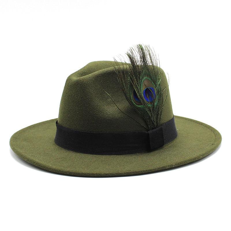 Women's Woolen Big Brim Peacock Feather Casual Sun Hat - Nioor