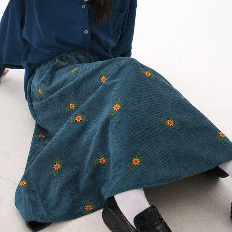 Women's Ancient Corduroy Embroidered Skirt Overknee Dress - Nioor