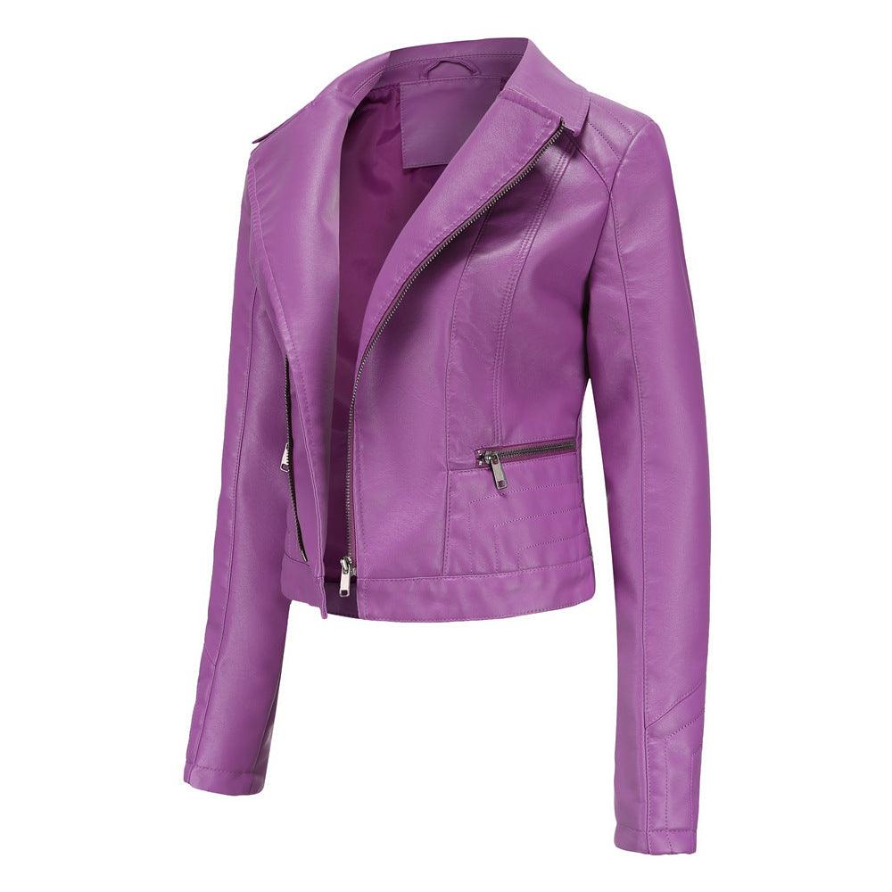 Womens Fashion Lapel Spring And Autumn Washed PU Leather Jacket - Nioor