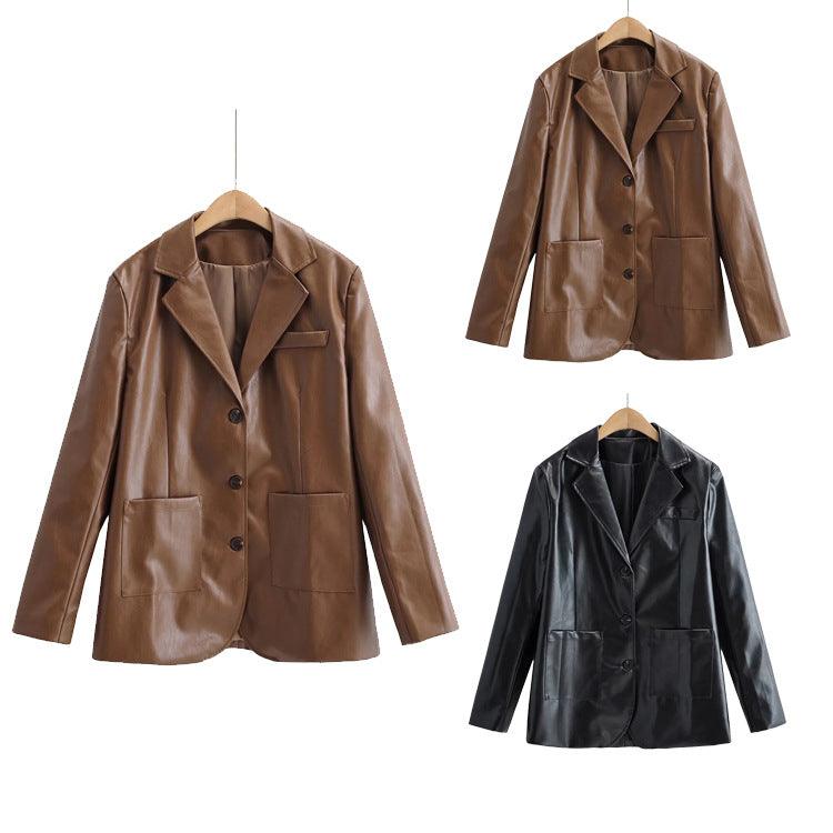 Temperament Commuting Light Cooked Wind Big Pocket Faux Leather Suit Jacket - Nioor