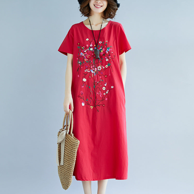 Ethnic Style Embroidered Cotton Linen Medium Length Dress