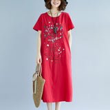 Ethnic Style Embroidered Cotton Linen Medium Length Dress