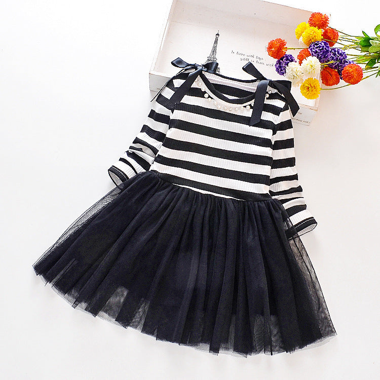 Striped Long-sleeved Stitching Mesh Dress