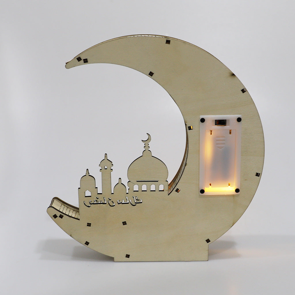 Wooden Eid Mubarak Mirror Golden Moon Castle Hollow Letters with LED Lights Crafts