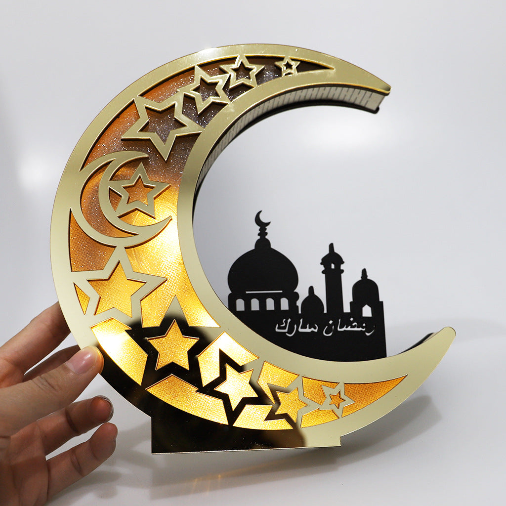 Wooden Eid Mubarak Mirror Golden Moon Castle Hollow Letters with LED Lights Crafts