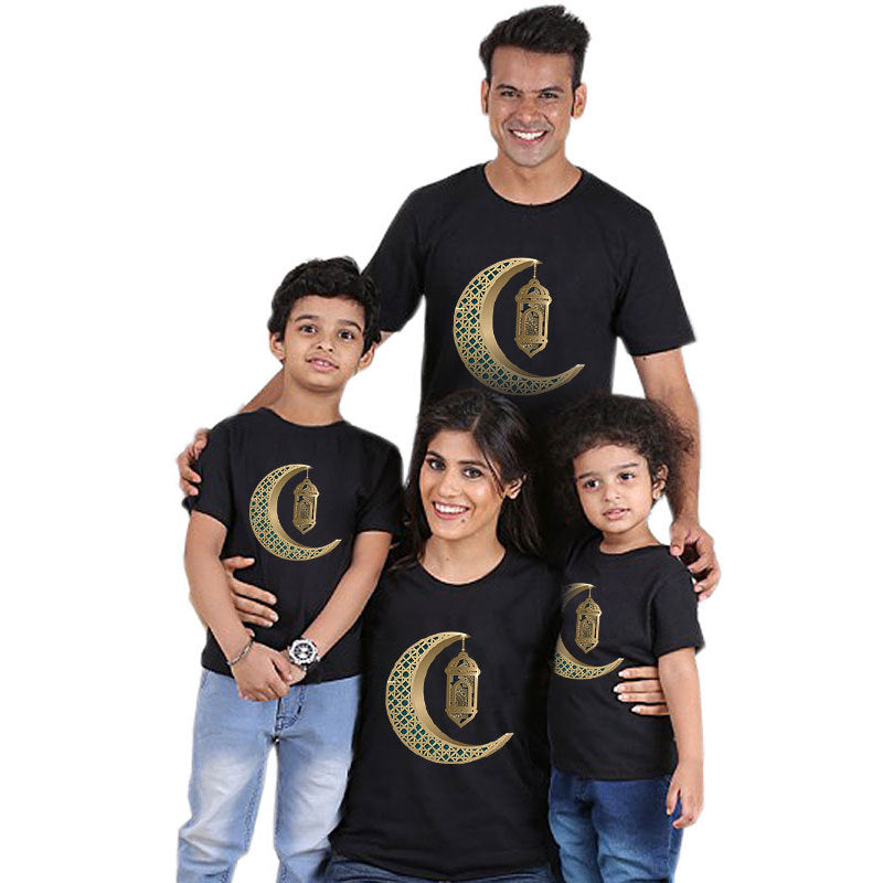 Parent-child short-sleeved T-shirt Eid Mubarak moon print