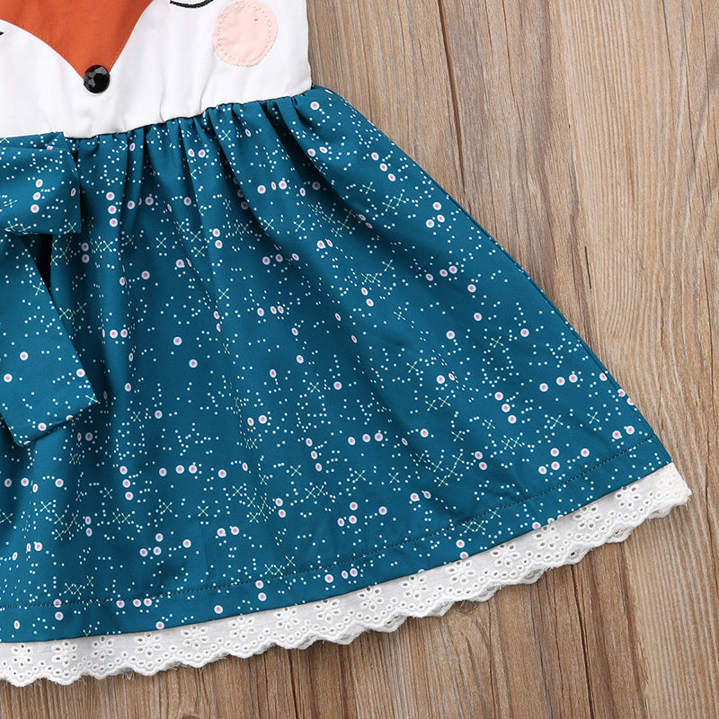 Summer Girls Cartoon Fox Dress Backless Lace Princess Dress