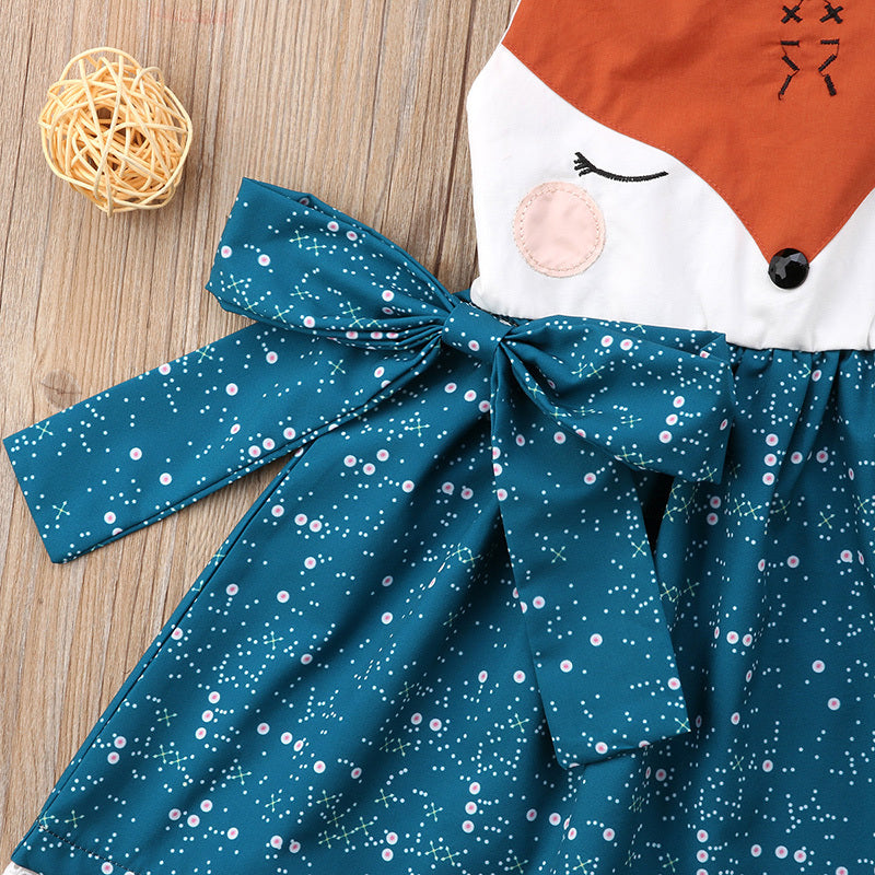 Summer Girls Cartoon Fox Dress Backless Lace Princess Dress