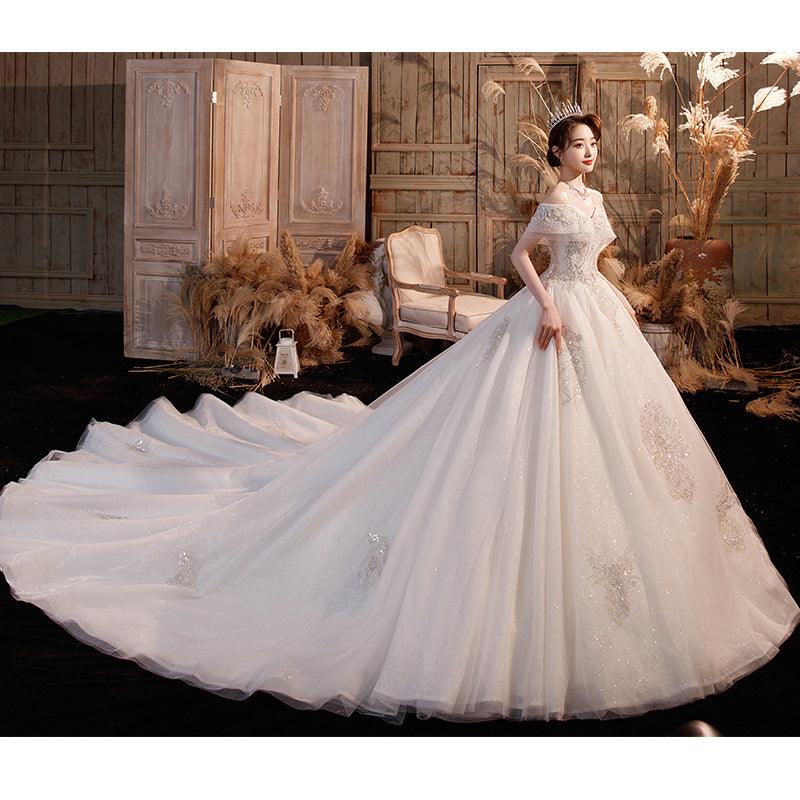 Wedding Dress Trailing Heavy Industry One-shoulder Bridal Temperament Female Forest Super Fairy Dream Starry Sky Skirt - Nioor