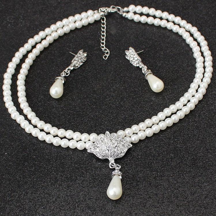 European And American Jewelry Bride Pearl Crystal With Short Collarbone Neck Necklace Set Earrings Korean Version Temperament - Nioor