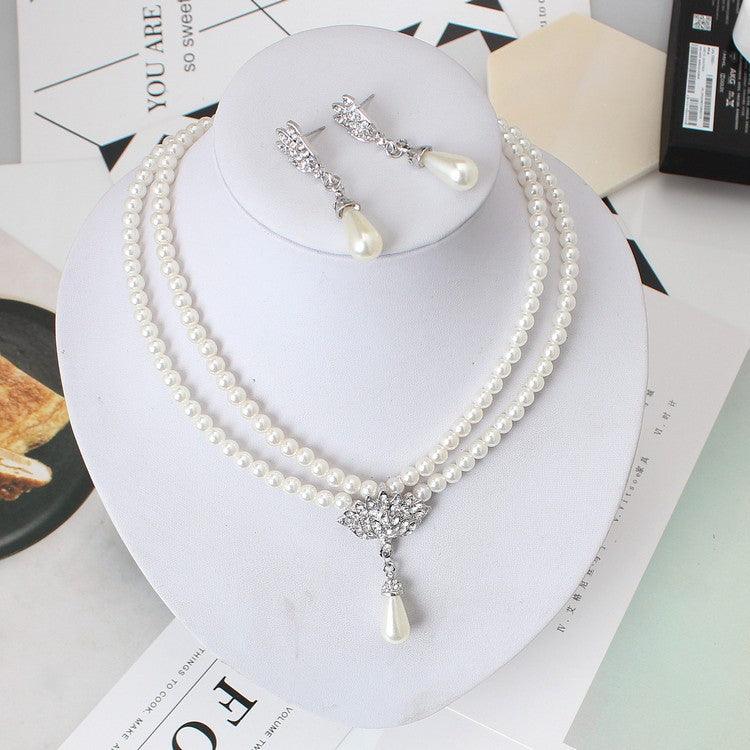 European And American Jewelry Bride Pearl Crystal With Short Collarbone Neck Necklace Set Earrings Korean Version Temperament - Nioor