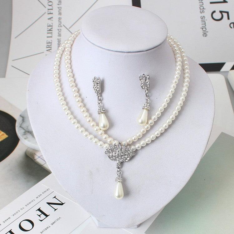 European And American Jewelry Bride Pearl Crystal With Short Collarbone Neck Necklace Set Earrings Korean Version Temperament - Nioor