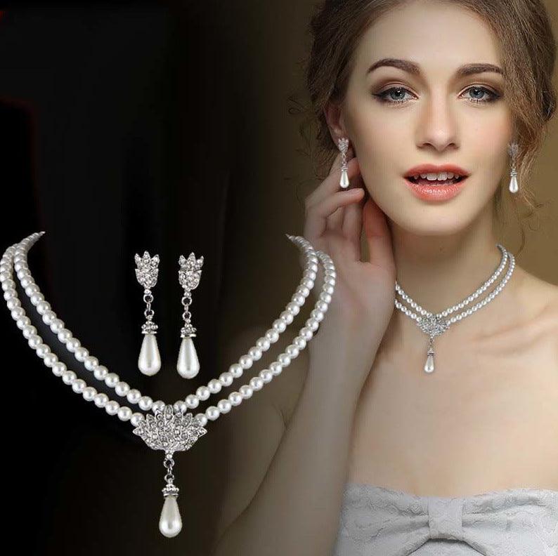 European And American Jewelry Bride Pearl Crystal With Short Collarbone Neck Necklace Set Earrings Korean Version Temperament - Nioor