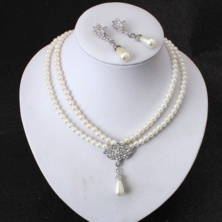 European And American Jewelry Bride Pearl Crystal With Short Collarbone Neck Necklace Set Earrings Korean Version Temperament - Nioor