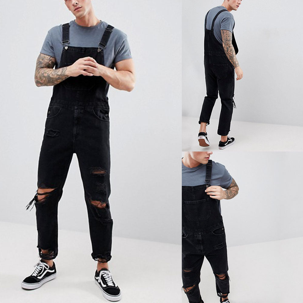 2019Wish AliExpress Fashion Men's Strap Denim Rompers Ripped Super Ripped Trousers