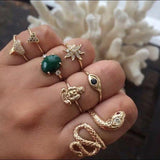 Multi-Piece Ring Ring With Diamonds Exaggerated Emerald Snake-Shaped Joint Ring 7-Piece Set - Nioor