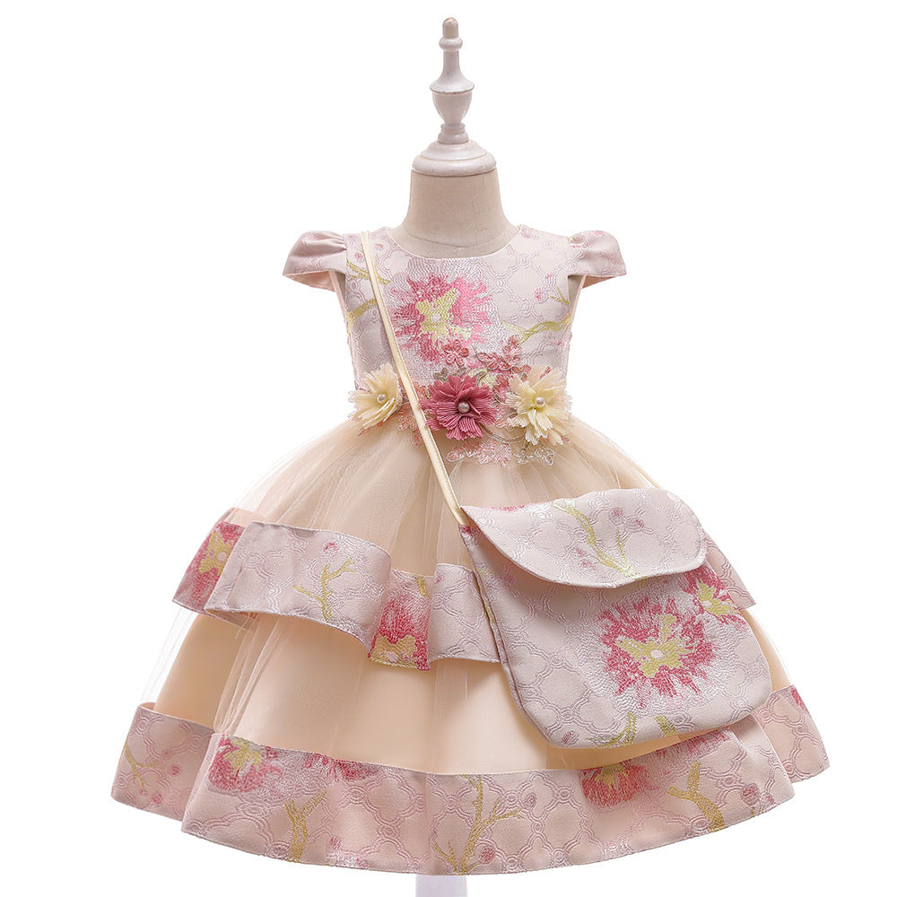 Girls Dress Embroidered Princess Dress Wedding Multi-layer Puffy Dress Costume With Bag