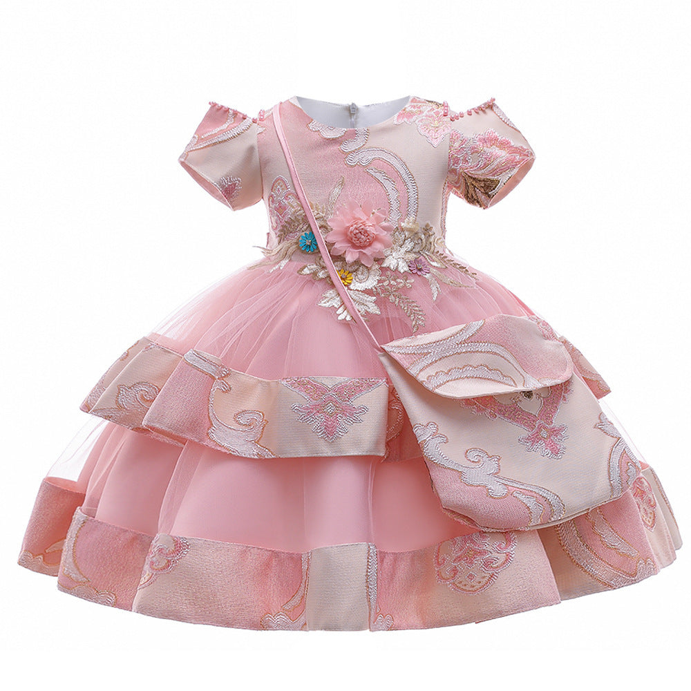 Girls Dress Embroidered Princess Dress Wedding Multi-layer Puffy Dress Costume With Bag