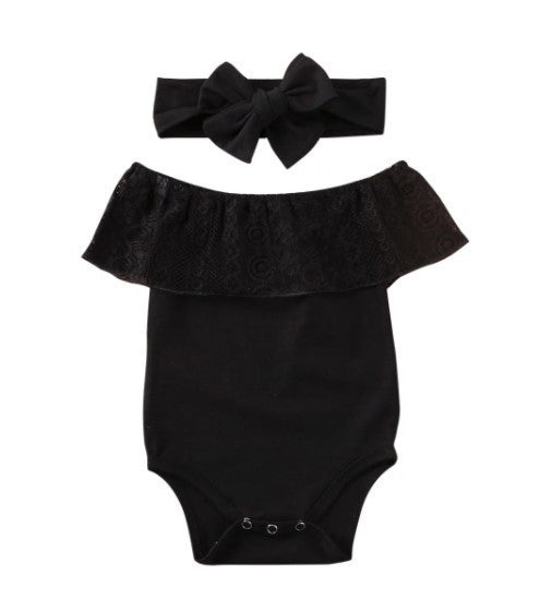 Children'S Black Lace Strapless Shirt Jumpsuit and  Headband Summer Baby Suit