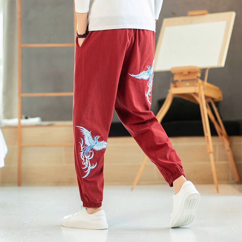 Sweatpants Men'S Ethnic Style Embroidery Beam Feet Nine Points Casual Pants