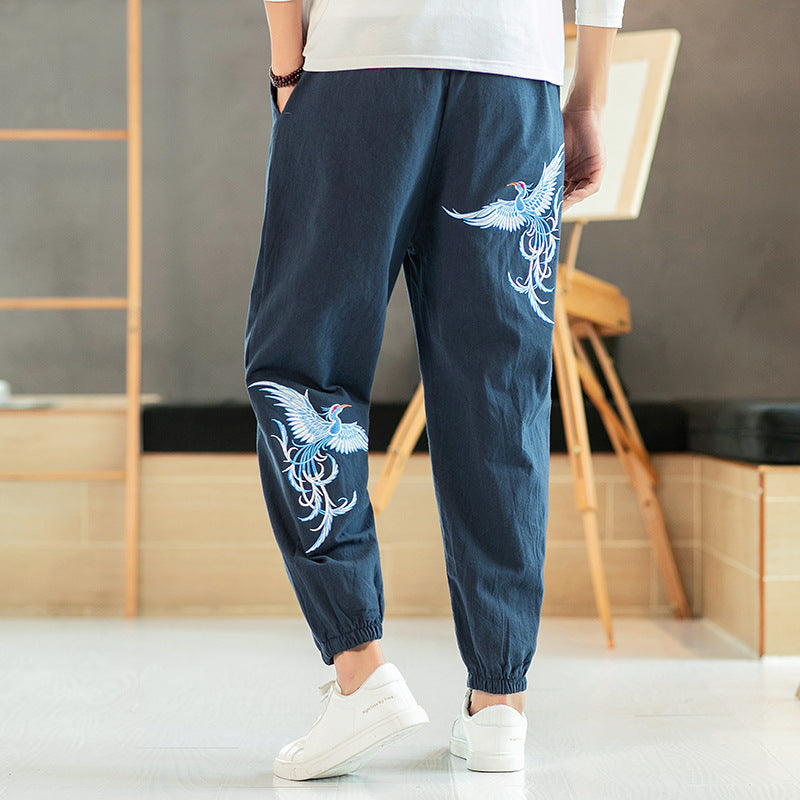 Sweatpants Men'S Ethnic Style Embroidery Beam Feet Nine Points Casual Pants