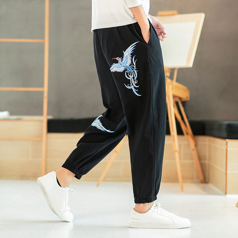 Sweatpants Men'S Ethnic Style Embroidery Beam Feet Nine Points Casual Pants