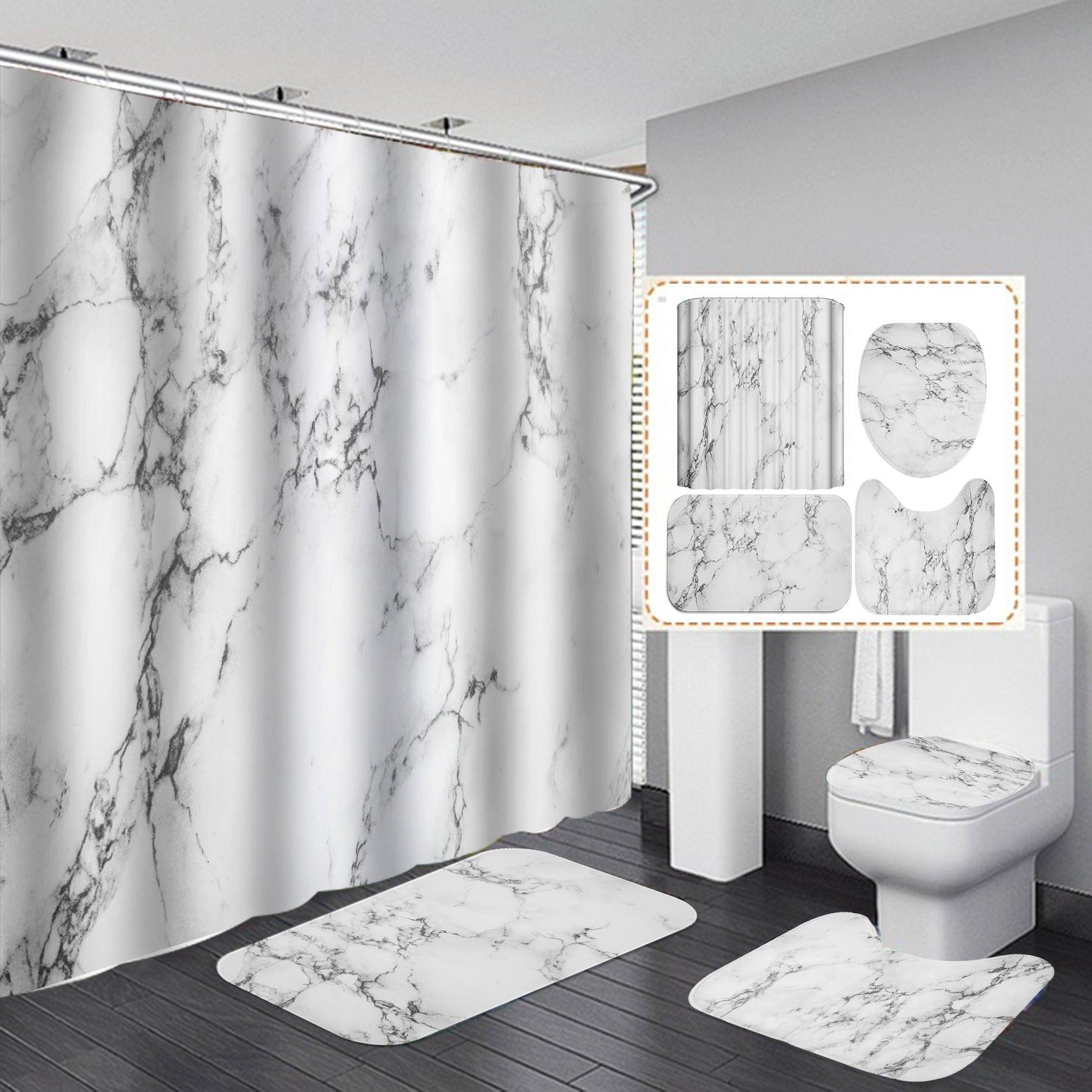 Marble White Shower Curtain Set With Non Slip Rug Bath Mat Carpet Modern Bathroom - Nioor