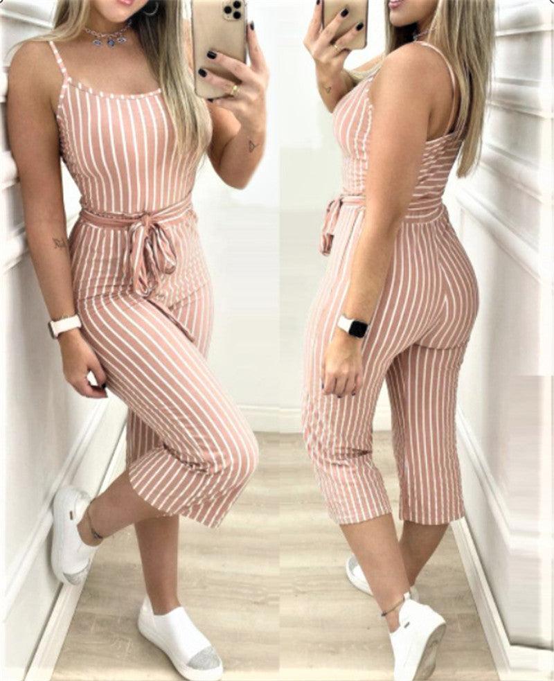 Cropped Jumpsuit With Striped Straps - Nioor