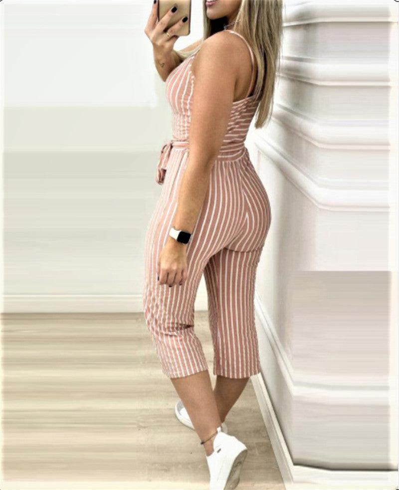 Cropped Jumpsuit With Striped Straps - Nioor