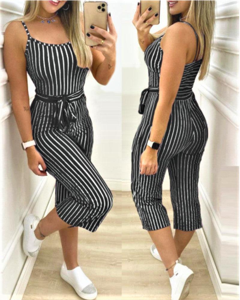 Cropped Jumpsuit With Striped Straps - Nioor