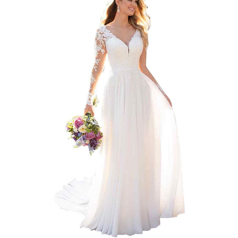 Sexy Backless Deep V-neck Wedding Dress Women White Evening Dress - Nioor