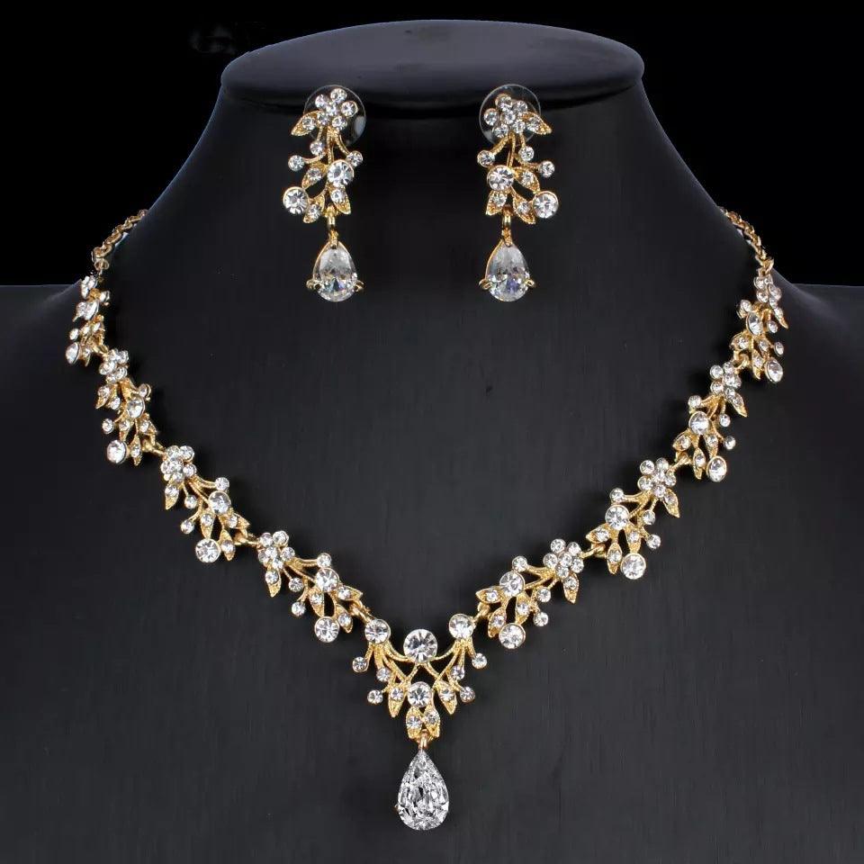 Golden Zircon Jewelry Set Bridal Necklace Earrings Wedding Two-piece Set - Nioor