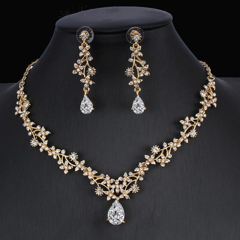 Golden Zircon Jewelry Set Bridal Necklace Earrings Wedding Two-piece Set - Nioor