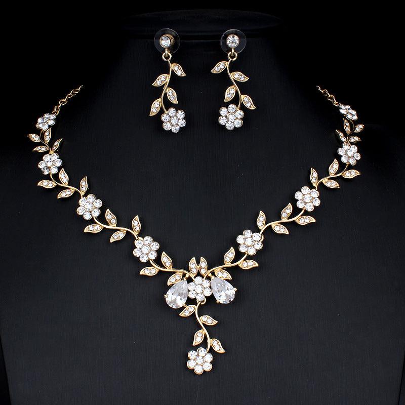 Golden Zircon Jewelry Set Bridal Necklace Earrings Wedding Two-piece Set - Nioor