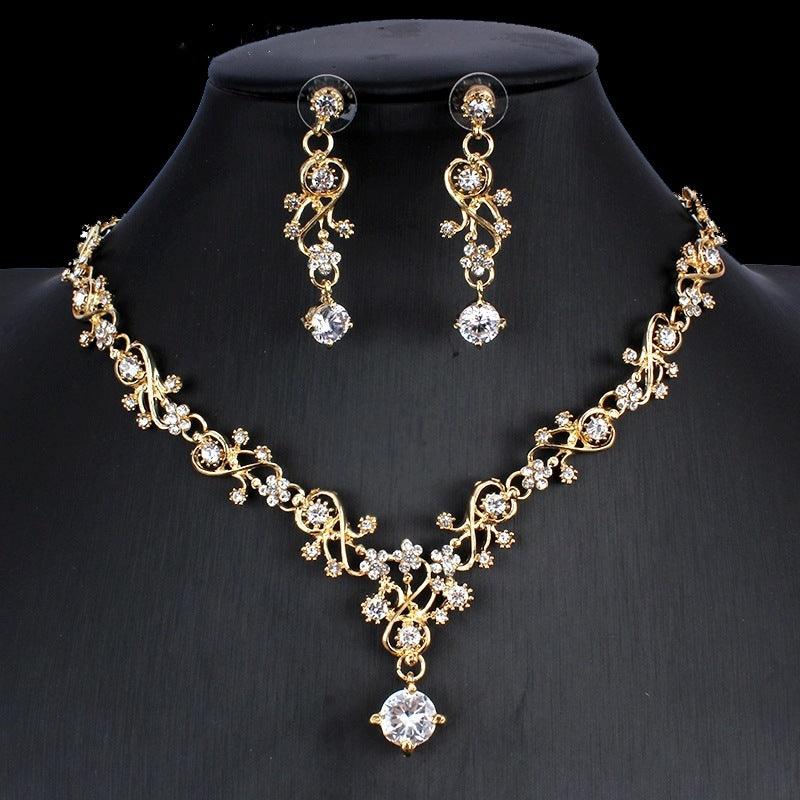 Golden Zircon Jewelry Set Bridal Necklace Earrings Wedding Two-piece Set - Nioor