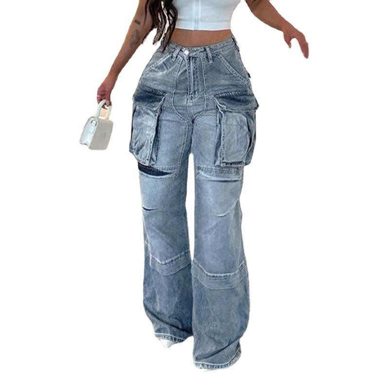 Women's Large Pocket Stitching Tooling High Waist Straight Jeans - Nioor