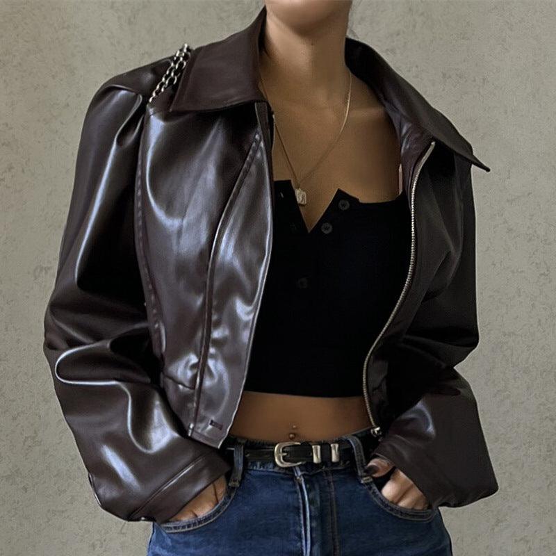 Elegant Retro Zipper PU Leather American Casual Jacket Coat - Nioor