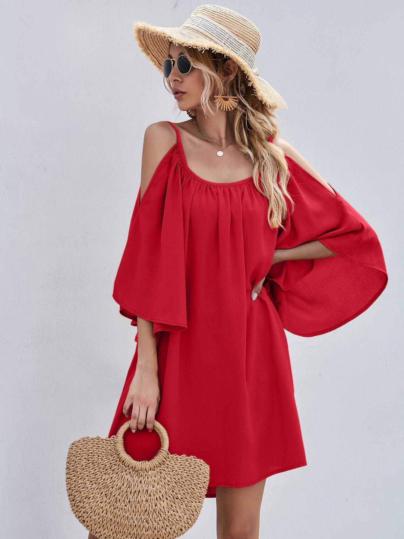 Casual Bell Sleeve Off-shoulder Dress - Nioor