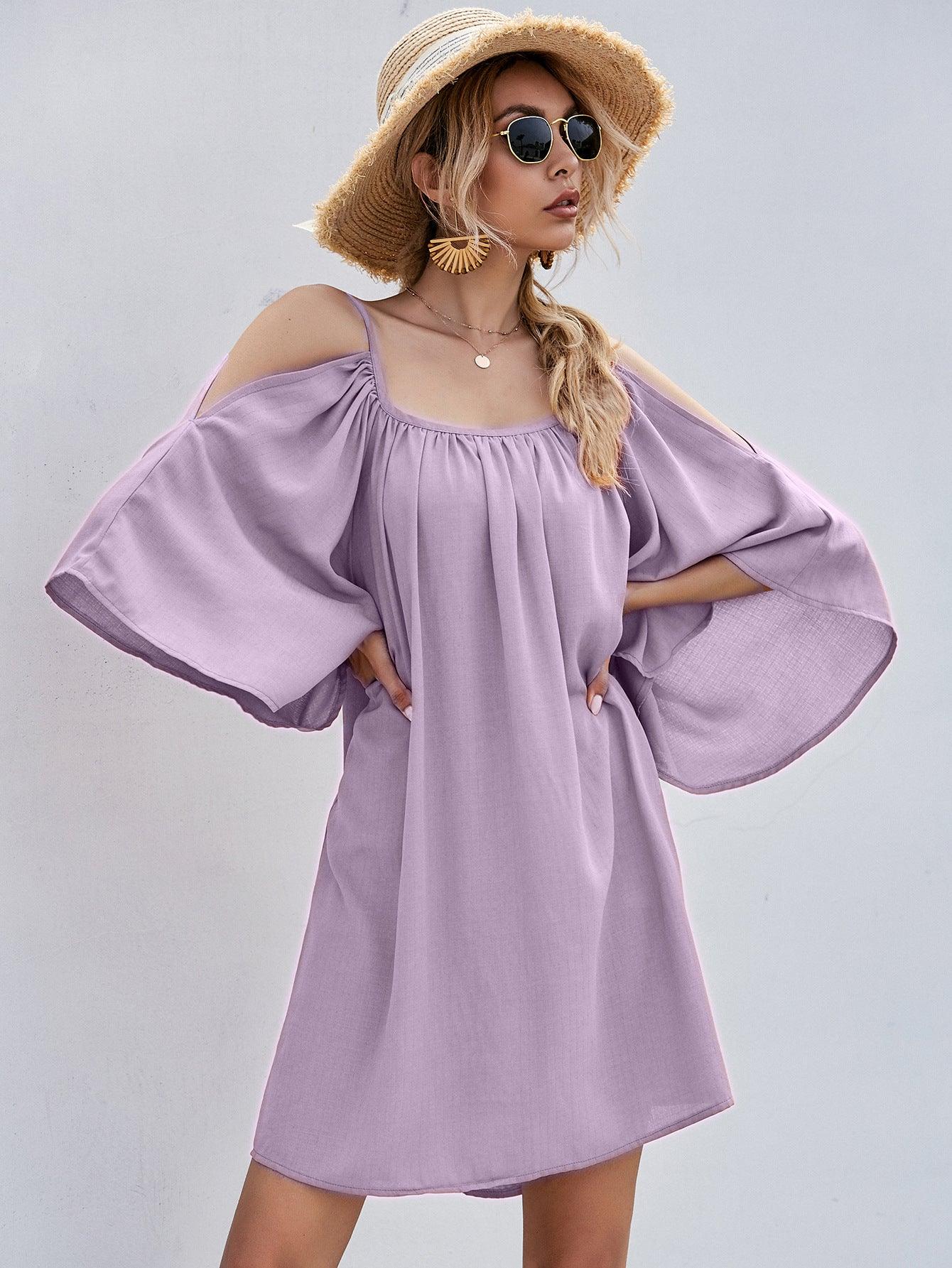 Casual Bell Sleeve Off-shoulder Dress - Nioor