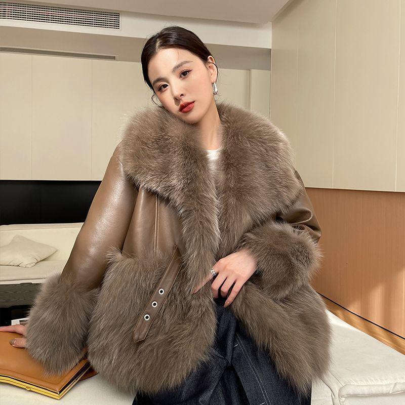 Big Fur Collar Stitching For A Woman Faux Coat - Nioor