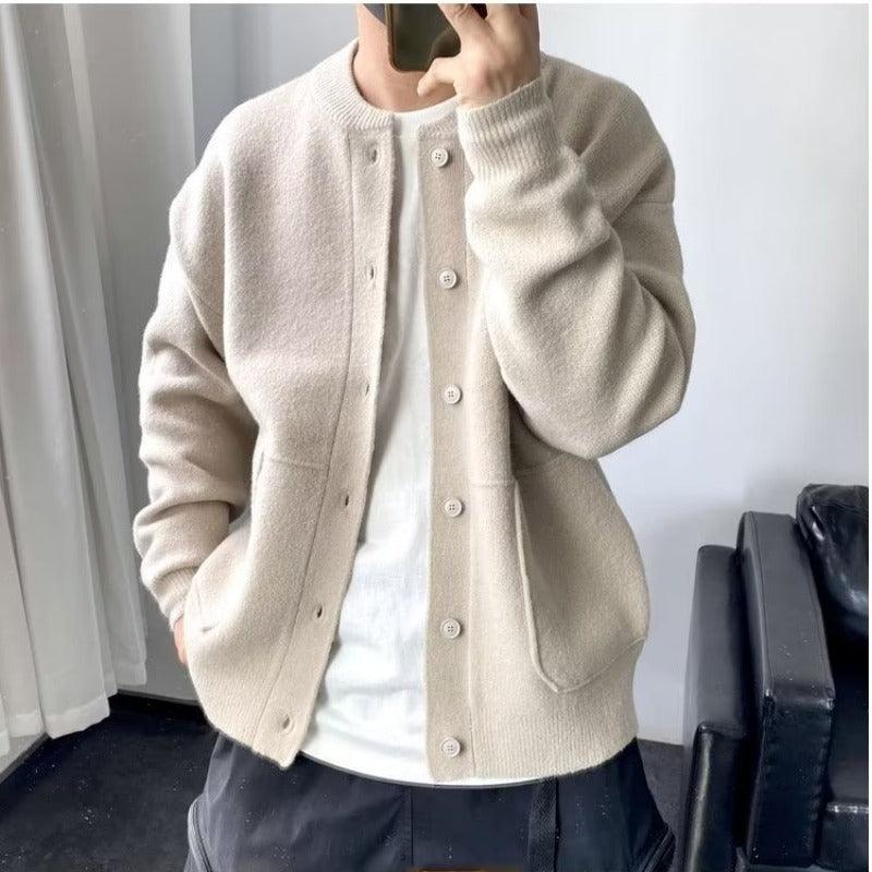Wool Cardigan Men's Spring And Autumn Hong Kong Style Sweater Round Neck Jacket Simple Loose Thick Sweater Coat - Nioor