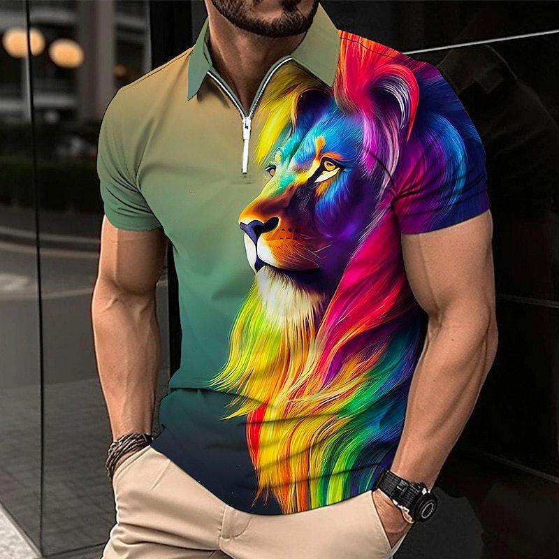 Polo Golf Shirt Animal Lion Pattern Printed Flanging Short Sleeve - Nioor