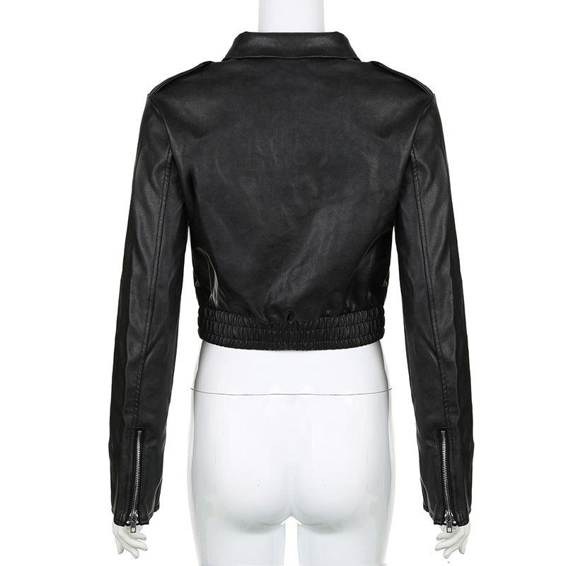 Women's Retro Hong Kong Style Lapel Long-sleeved Leather Jacket - Nioor