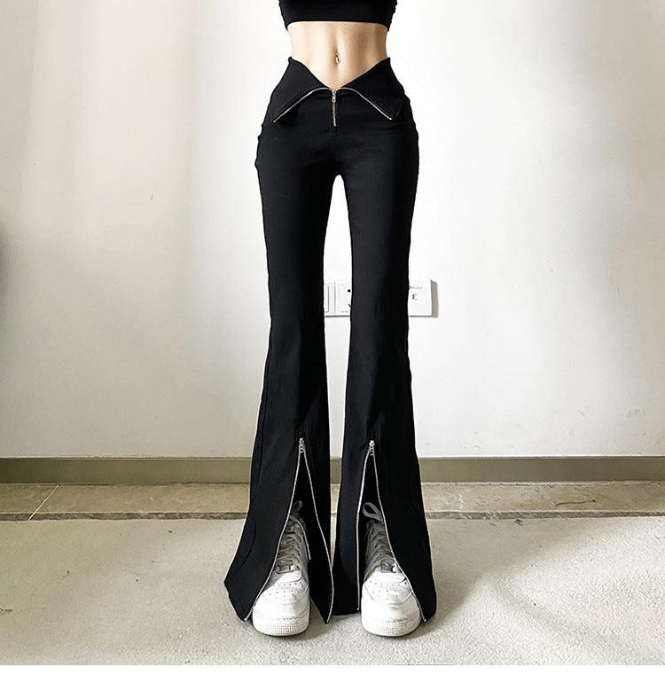 Niche Designer Black V-shaped Flanging Zipper Bootcut Trousers Slimming High Waist Slit Casual Trousers - Nioor