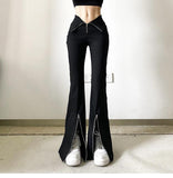 Niche Designer Black V-shaped Flanging Zipper Bootcut Trousers Slimming High Waist Slit Casual Trousers - Nioor